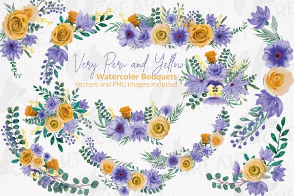Very Peri and Yellow Flower Bouquets Art Graphics