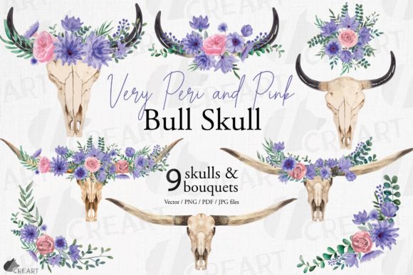 Very Peri Floral Bull Skull and Bouquets